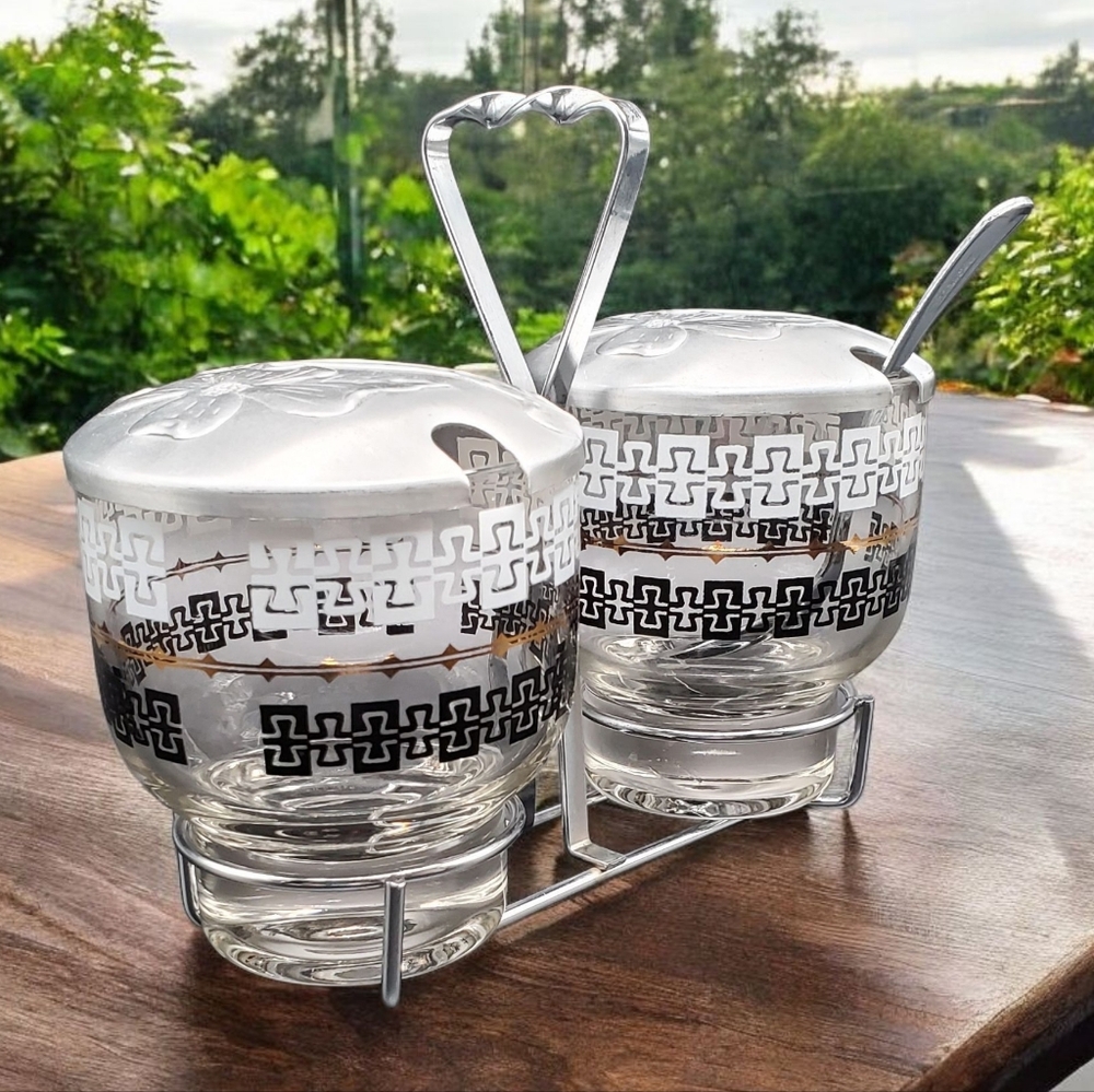 Vintage Libby Condiment Set With Silver Lids MCM